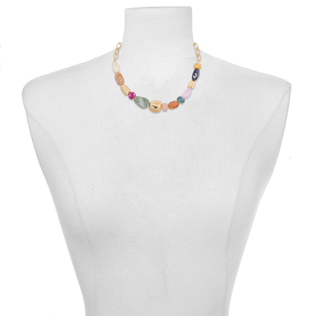 Women's Tone Statement Necklace with Colorful Beads and Chain Detail