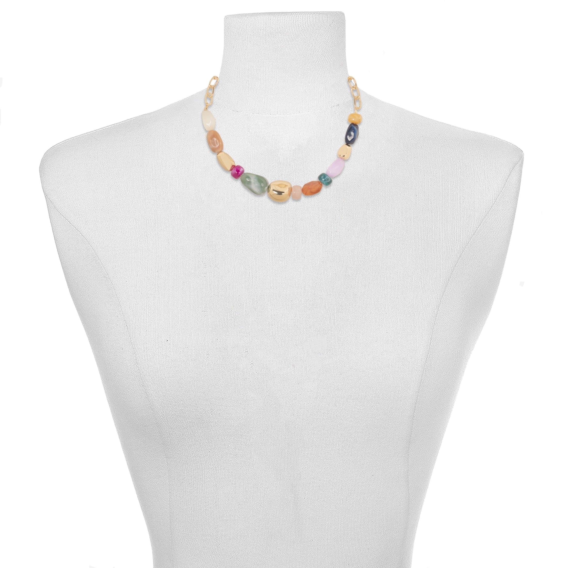 Women's Tone Statement Necklace with Colorful Beads and Chain Detail