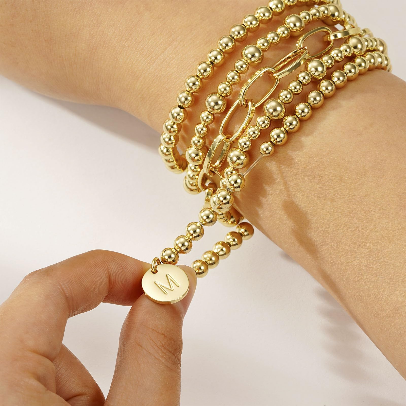 18K Plated Initial Beaded Bracelets for Women Charms Stackable Letter A Chain Bracelet Set Easter Basket Stuffers Jewelry Gifts Teen Her Girlfriend Adults Wife Daughter Lady Ideas