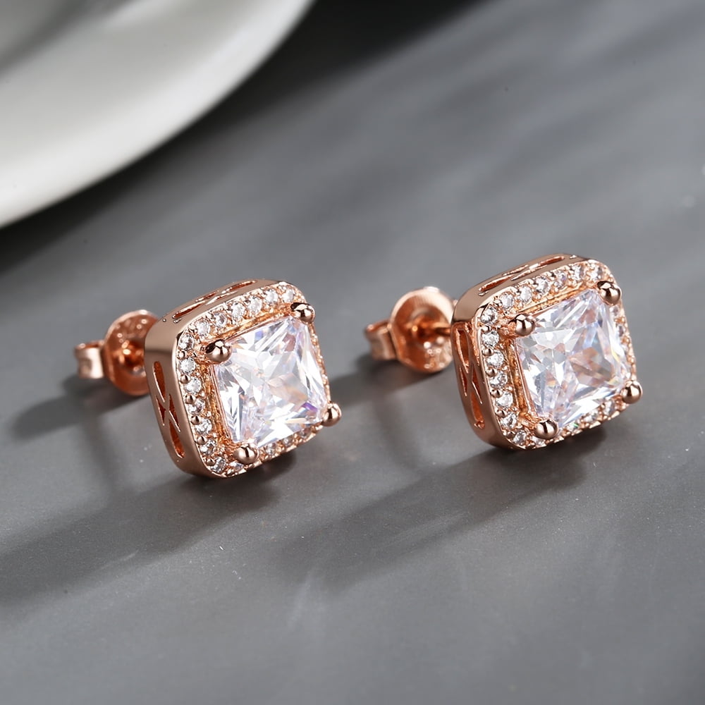 Square Halo Earrings with Crystals, 14K Plated over Sterling