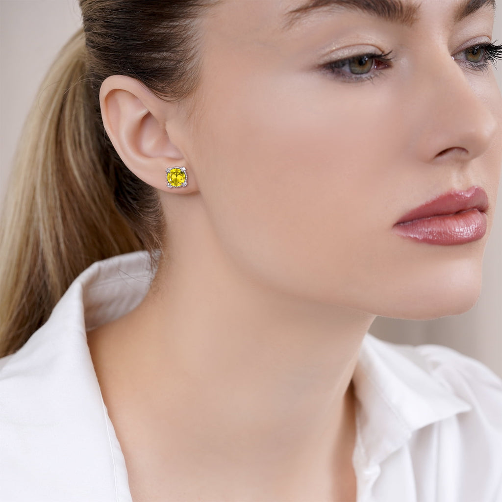 3.5 Round Cut April Stud Earrings - Halo Milgrain Earrings in 18K White Plating for Women