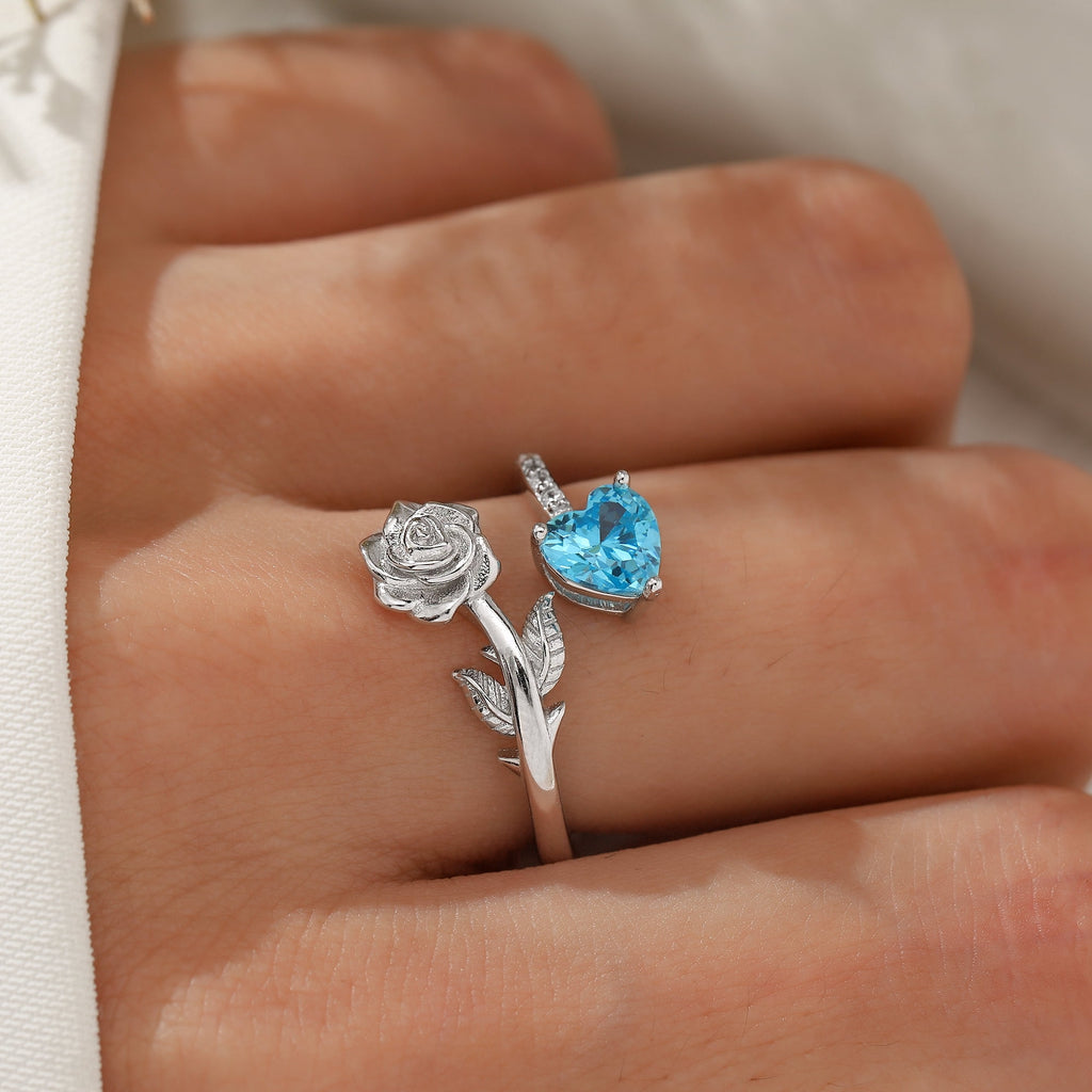 Rose Heart Ring,925 Sterling Adjustable Open Heart Rings Jewelry Gifts for Women Mom -December