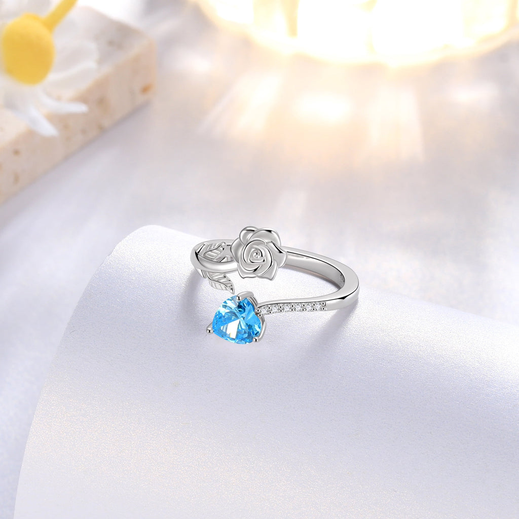 Rose Heart Ring,925 Sterling Adjustable Open Heart Rings Jewelry Gifts for Women Mom -December