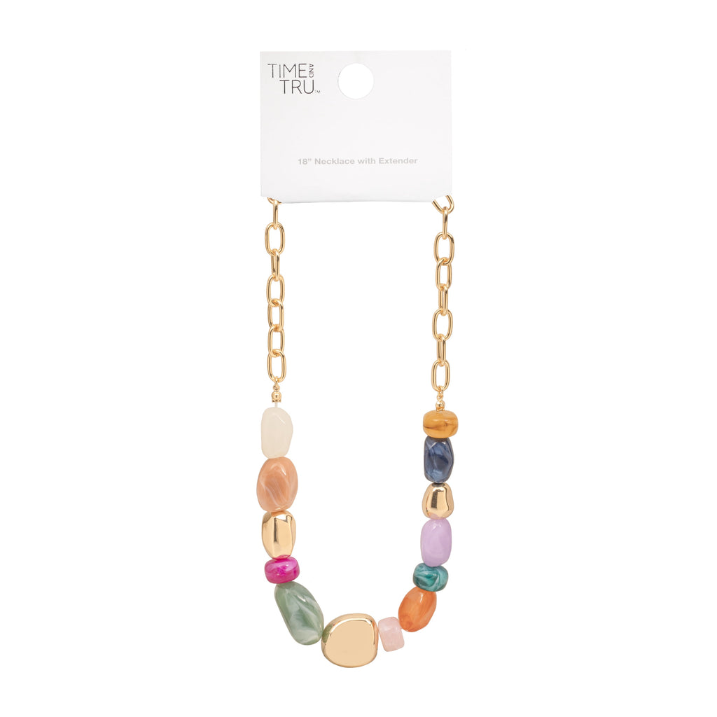 Women's Tone Statement Necklace with Colorful Beads and Chain Detail
