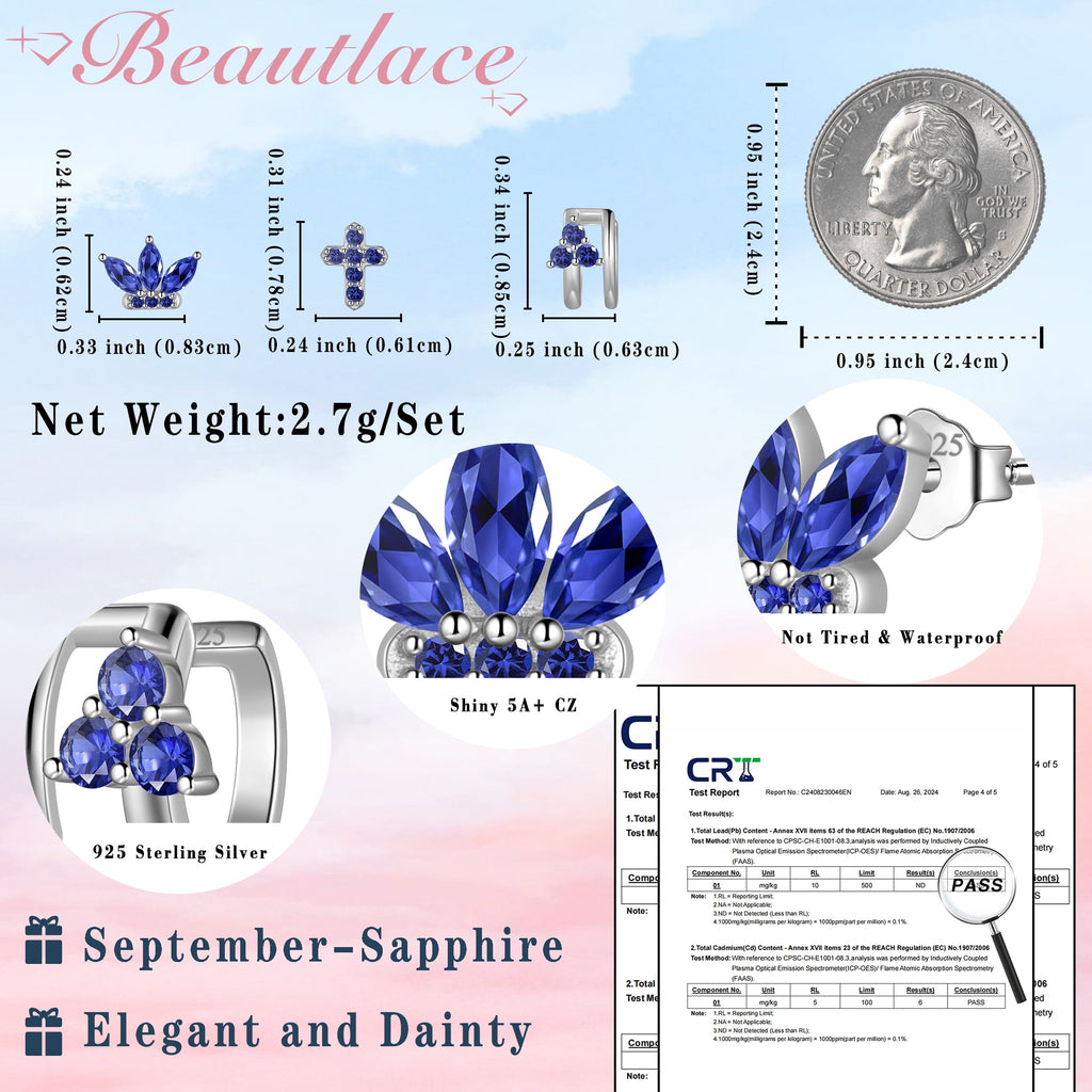 3 Pairs 925 Sterling Cross Earrings Set for Women, Flower Studs and Ear Cuffs Jewelry Set for Her