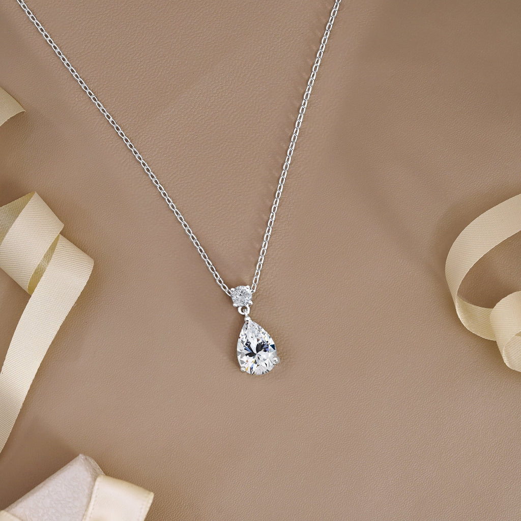 3.25 Cubic Zirconia April - Round and Pear Cut Dangle Pendant Necklace in 18k White Plated for Women