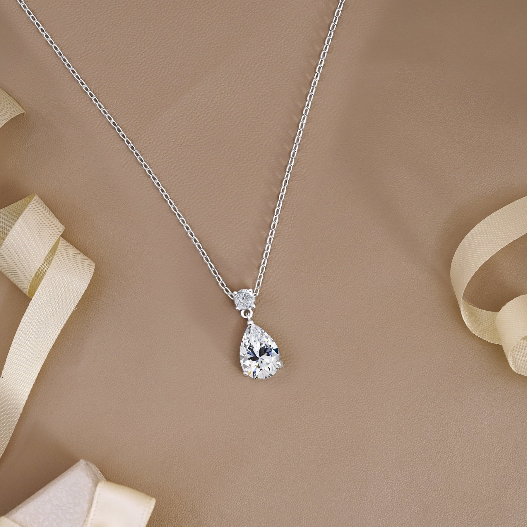 3.25 Cubic Zirconia April - Round and Pear Cut Dangle Pendant Necklace in 18k White Plated for Women
