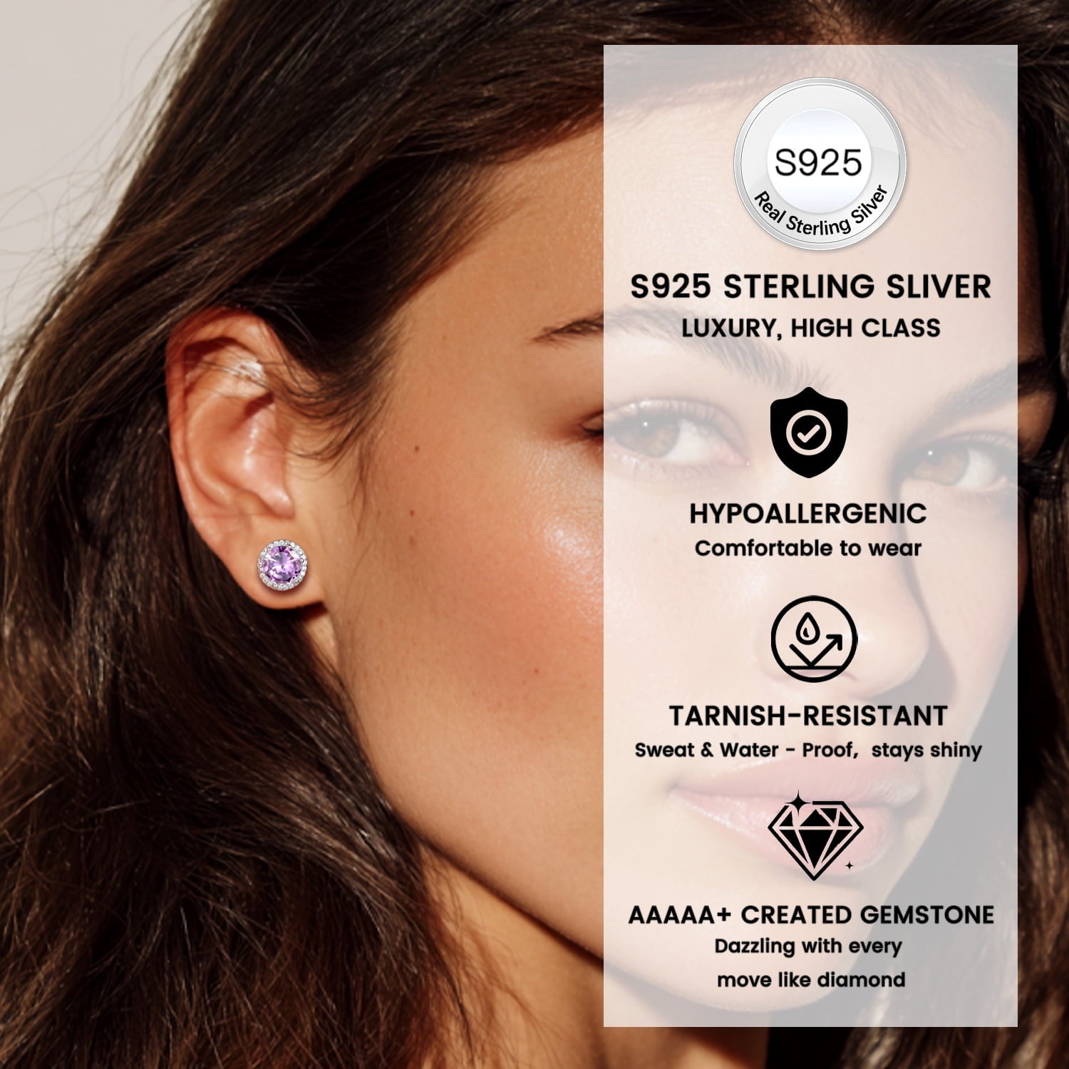 S925 Sterling Earrings Created Pink Tourmaline Stud Earrings October Round Jewelry Gifts for Valentines Day