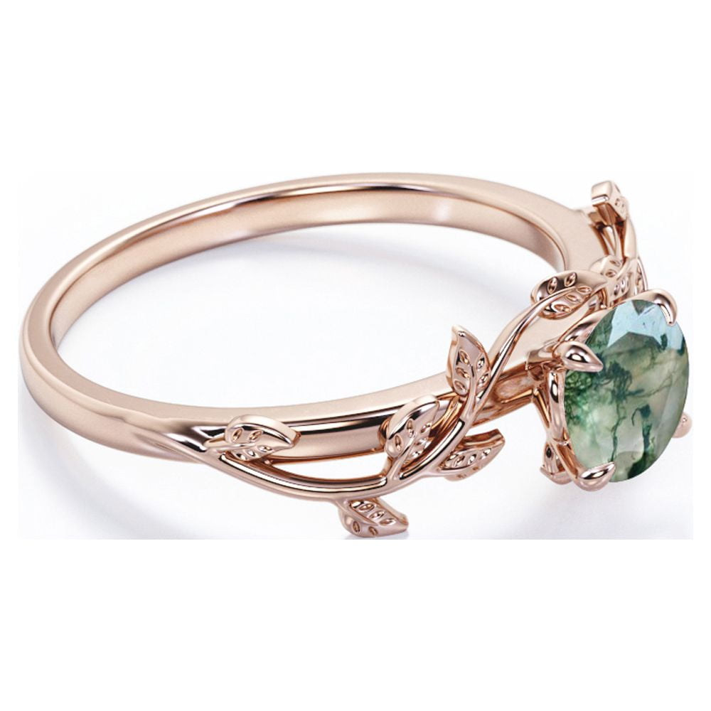 Nature Inspired 0.50 Green Moss Agate Solitaire Engagement Ring - Forest Ring - 18K White Plating for Women