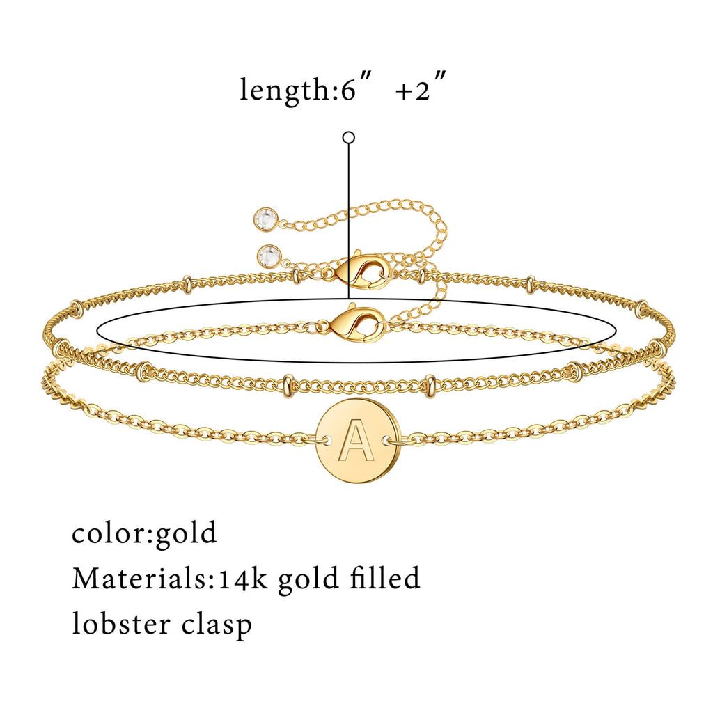 14K Plated Layered Initial Bracelets for Women Girls Dainty Adjustable Disc Charm Chain Personalized Letter A-Z Jewelry Easter Gifts for Women Girls