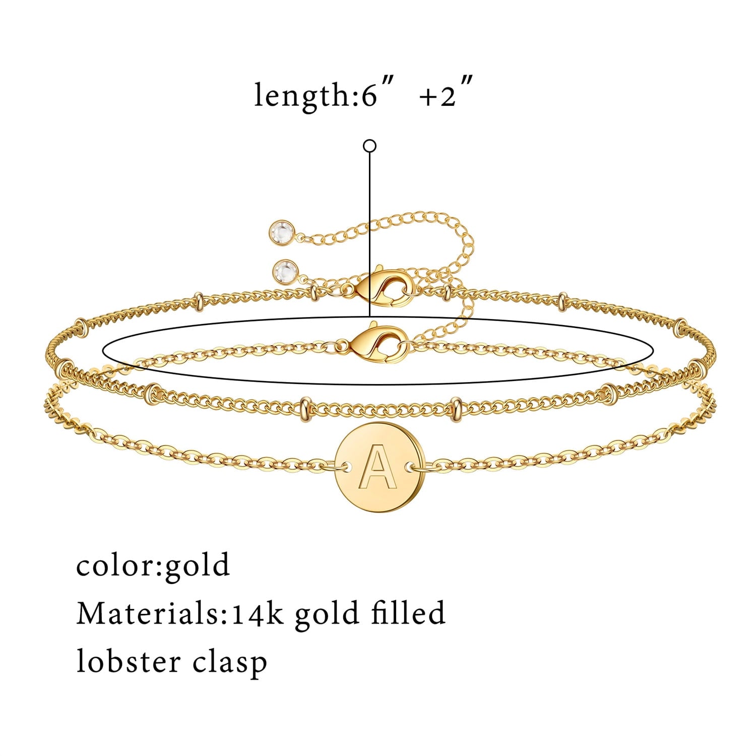 14K Plated Layered Initial Bracelets for Women Girls Dainty Adjustable Disc Charm Chain Personalized Letter A-Z Jewelry Easter Gifts for Women Girls