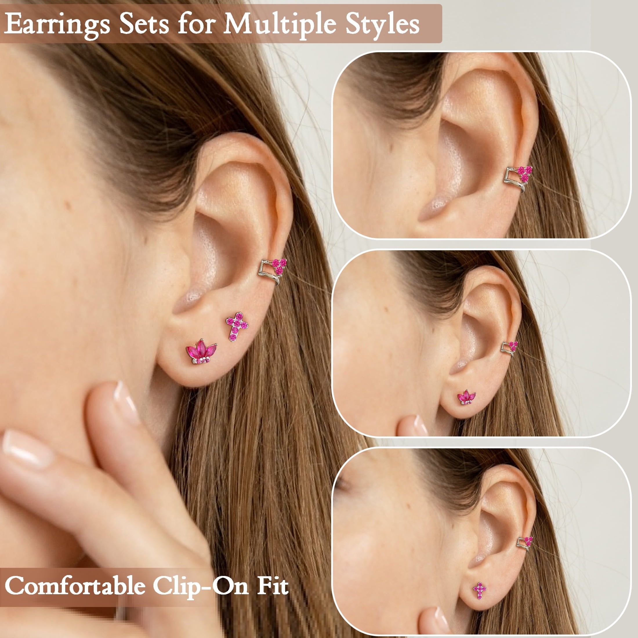 3 Pairs 925 Sterling Cross Earrings Set for Women, Flower Studs and Ear Cuffs Jewelry Set for Her