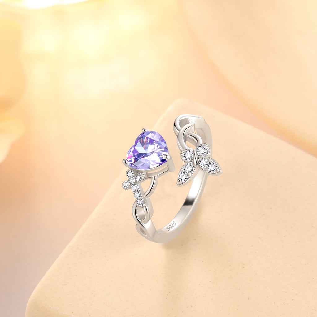 Heart Halo Ring,Butterfly 925 Sterling Adjustable Open Band Rings Valentines Jewelry Gifts for Women Mom-March