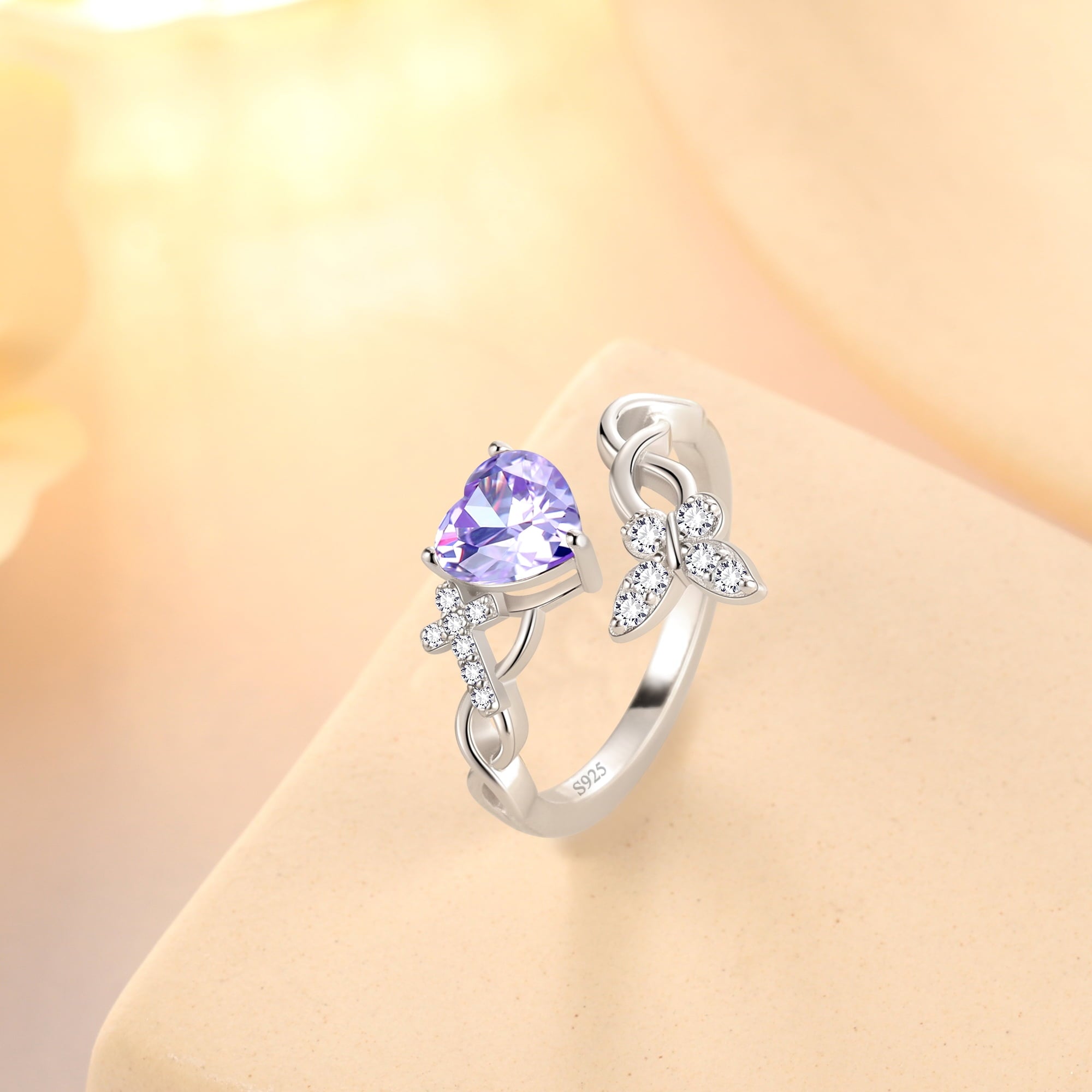 Heart Halo Ring,Butterfly 925 Sterling Adjustable Open Band Rings Valentines Jewelry Gifts for Women Mom-March