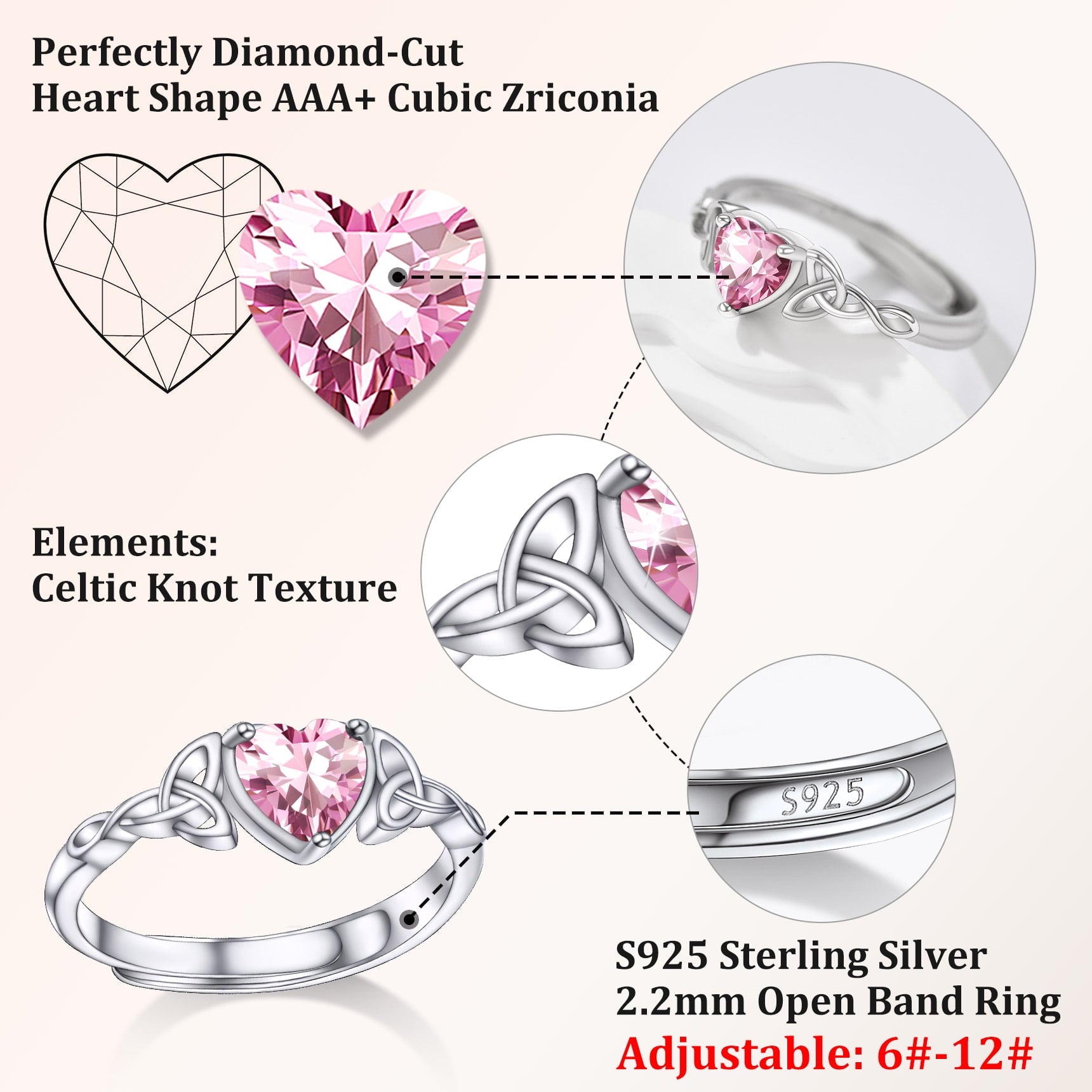 Infinity Celtic Knot Rings for Women 925 Sterling Heart Rings October Pink Tourmaline Rings for Mom Daughter Wife Girlfriend