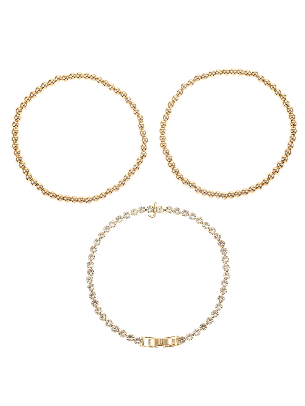 Goldtone and Crystal Beaded Stretch Bracelets, 3 Pieces, Initial Letter C