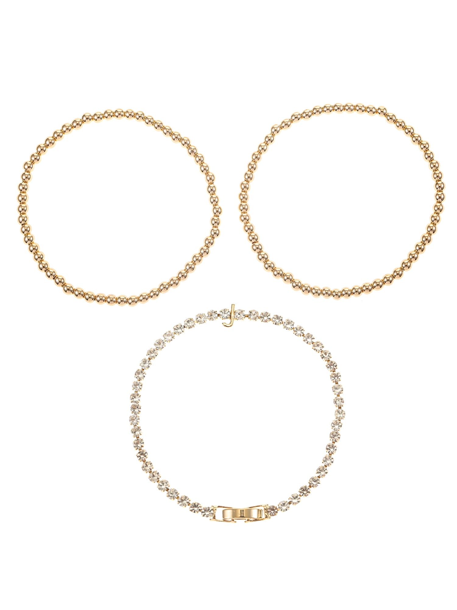 Goldtone and Crystal Beaded Stretch Bracelets, 3 Pieces, Initial Letter C
