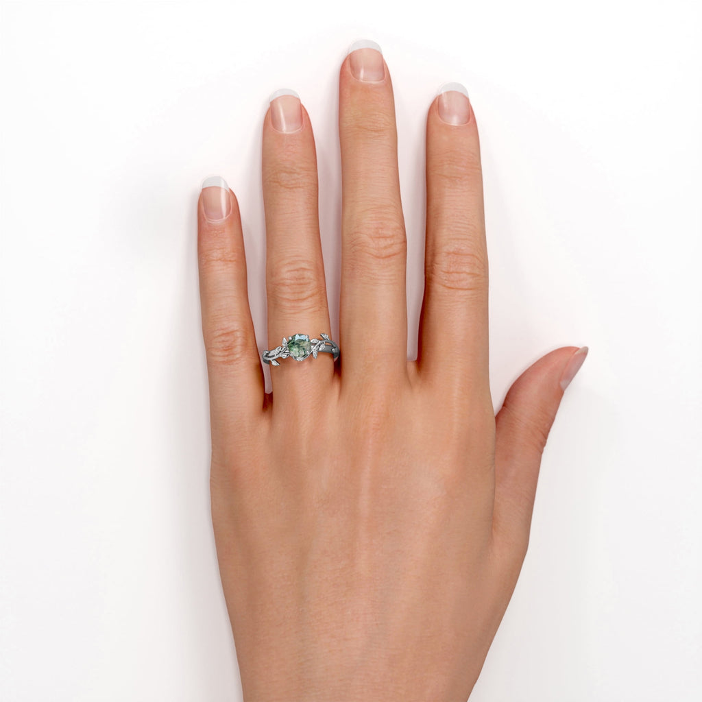 Nature Inspired 0.50 Green Moss Agate Solitaire Engagement Ring - Forest Ring - 18K White Plating for Women