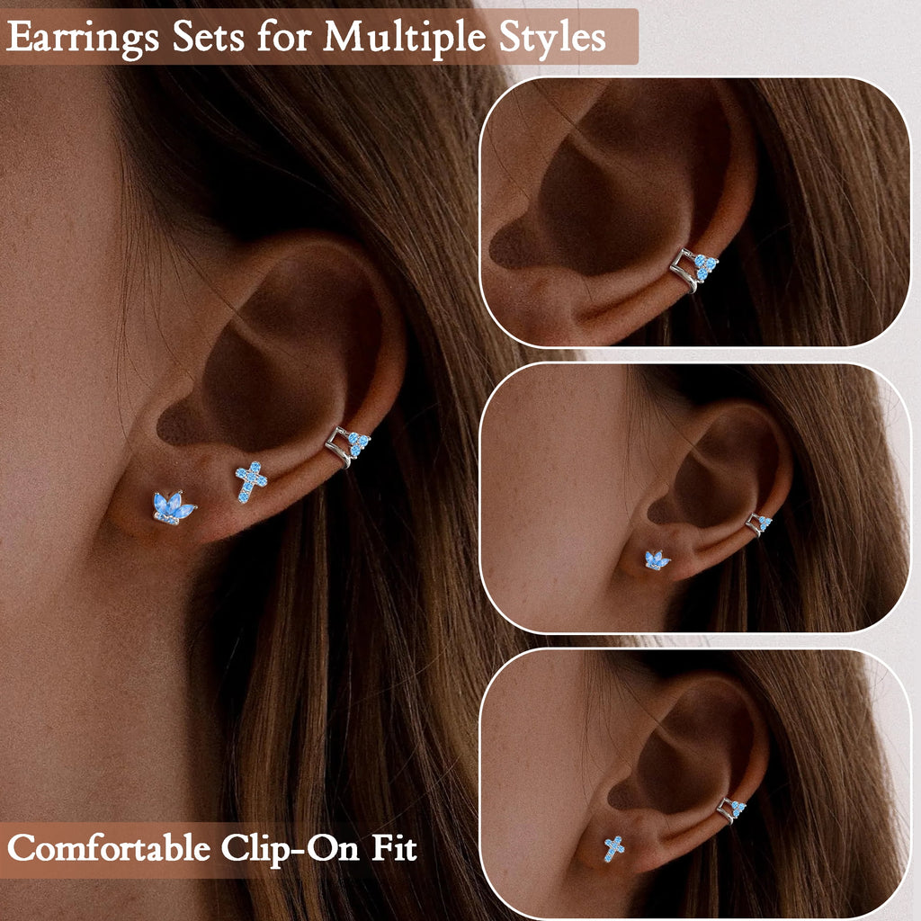 3 Pairs 925 Sterling Cross Earrings Set for Women, Flower Studs and Ear Cuffs Jewelry Set for Her