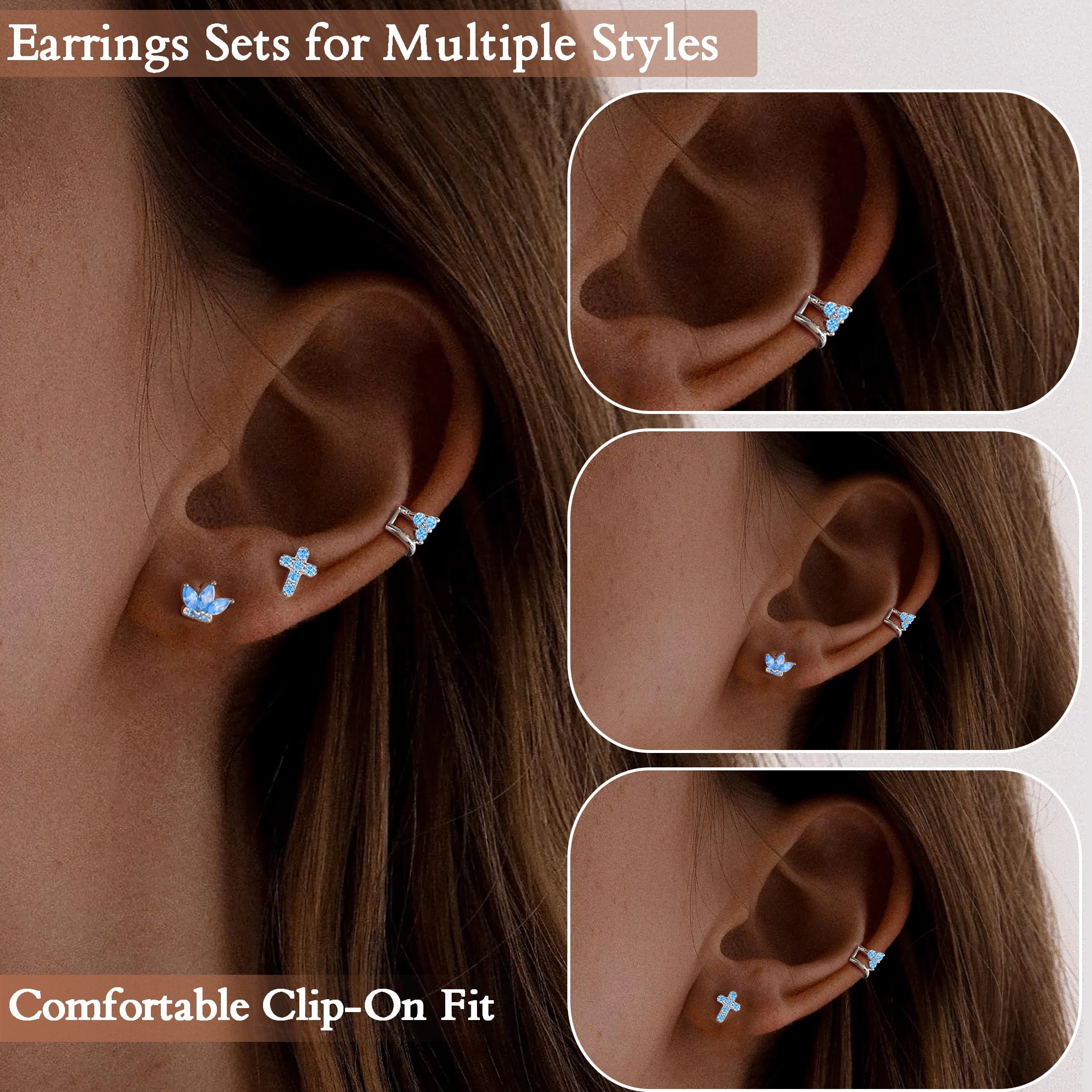 3 Pairs 925 Sterling Cross Earrings Set for Women, Flower Studs and Ear Cuffs Jewelry Set for Her