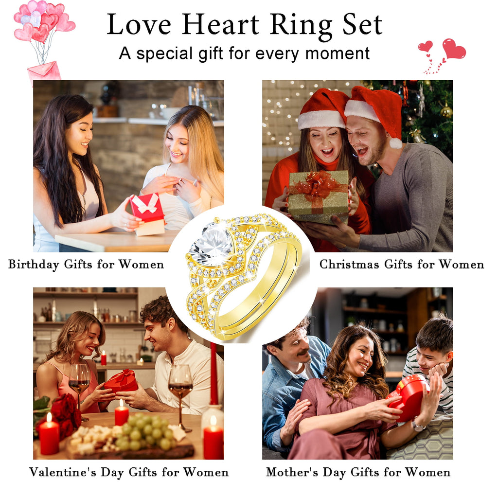 S925 Sterling Plated Heart Wedding Rings for Women CZ Eternity Band Engagement Rings Set Valentines Jewelry Gifts Her Girlfriend Wife Adults Ideas