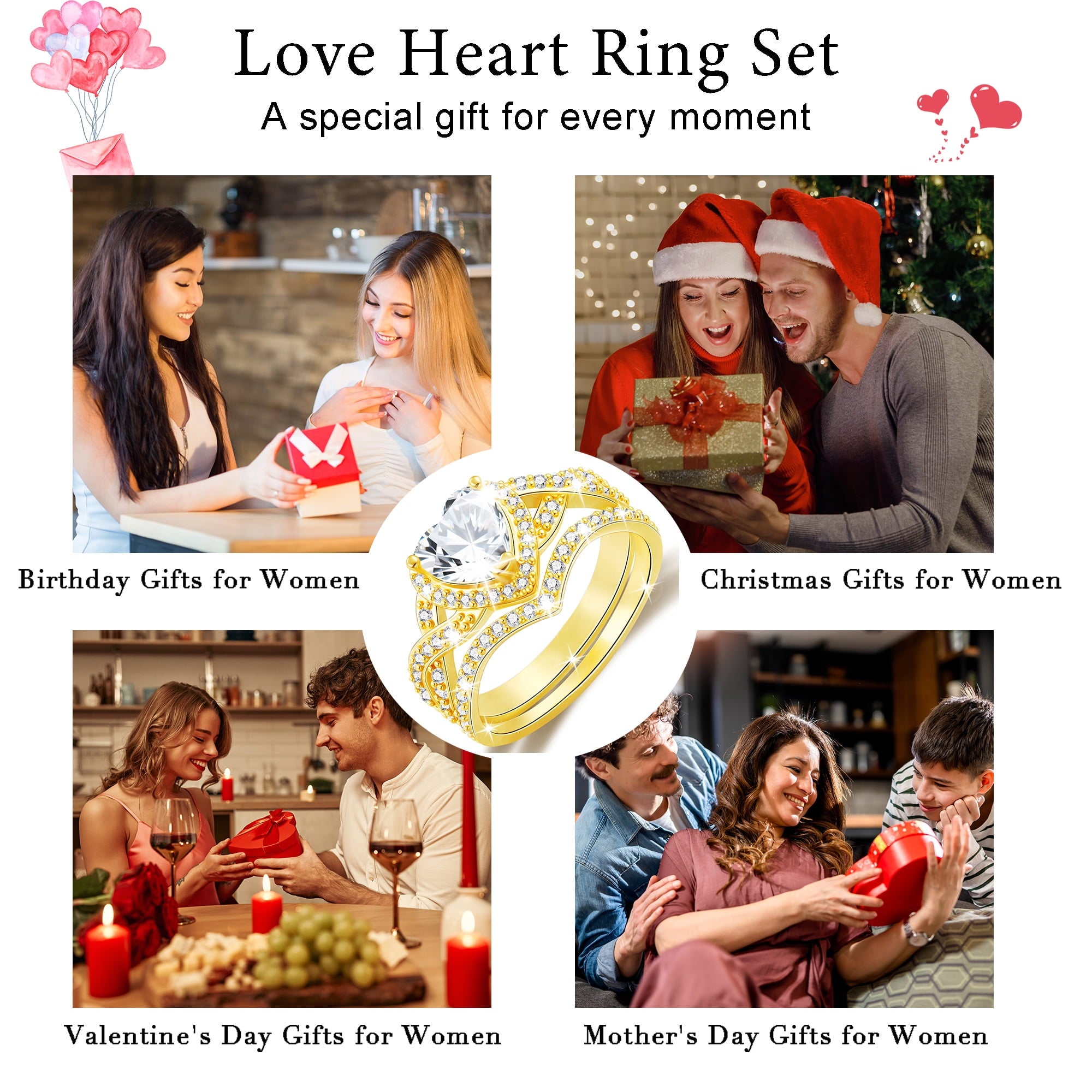 S925 Sterling Plated Heart Wedding Rings for Women CZ Eternity Band Engagement Rings Set Valentines Jewelry Gifts Her Girlfriend Wife Adults Ideas