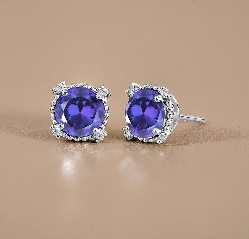 3.5 Round Cut April Stud Earrings - Halo Milgrain Earrings in 18K White Plating for Women