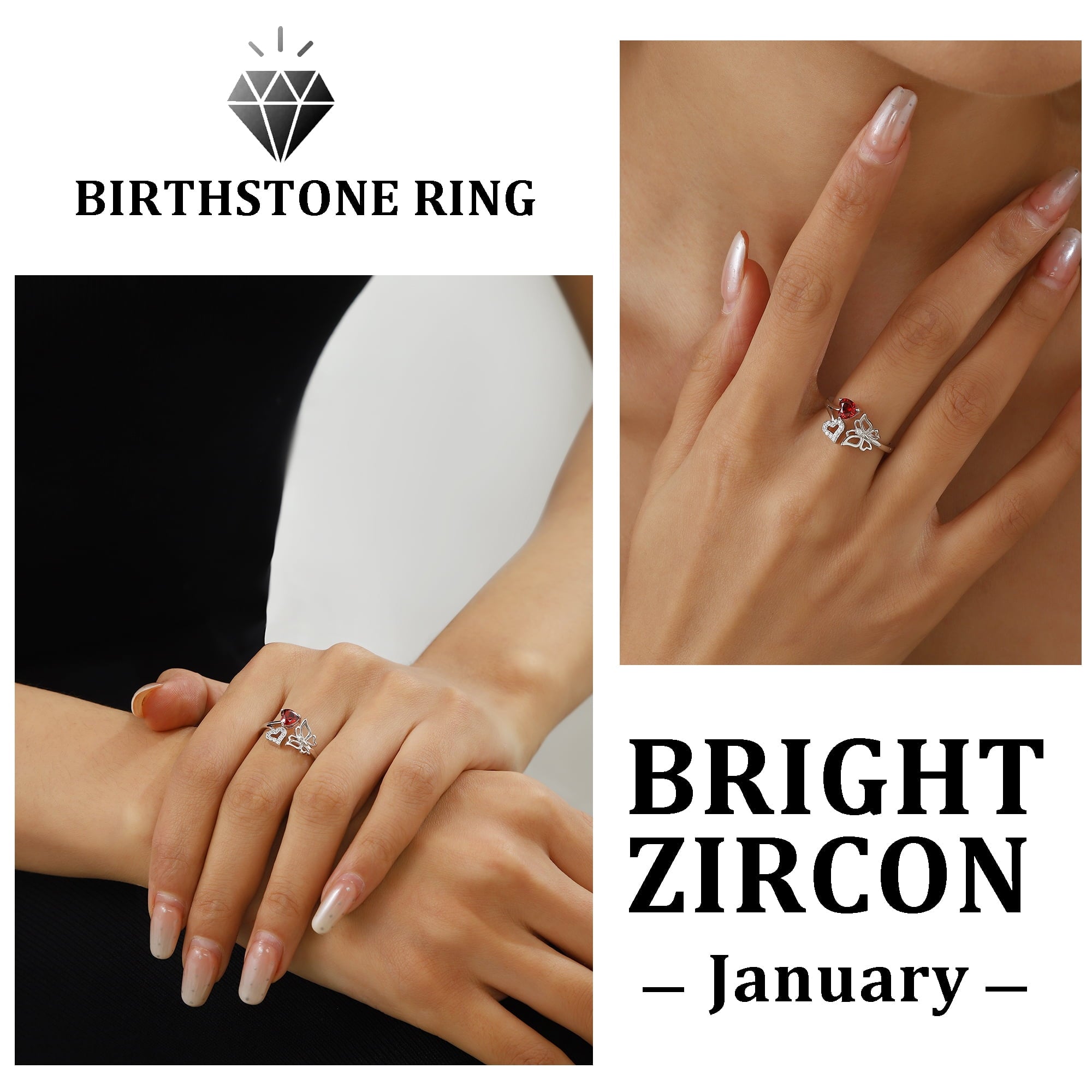 Rose Heart Ring,925 Sterling Adjustable Open Heart Rings Jewelry Gifts for Women Mom -December