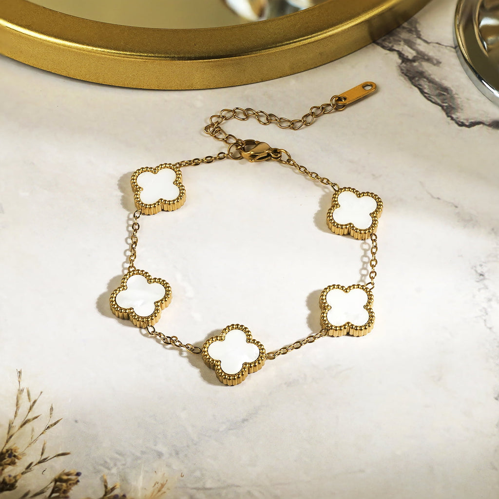 White Flower Link Bracelet in Yellow Plated