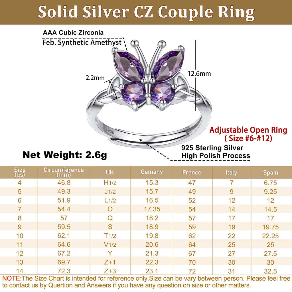 925 Sterling Butterfly Rings, July Ruby Adjustable Open Band Ring Jewelry Valentines Day
