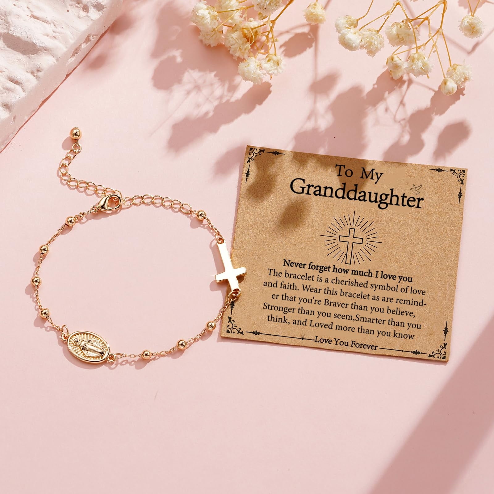 Rosary Beads Virgin Mary Cross Charm Bracelet for Women Kids Girls Teen Daughter Granddaughter Mom Wife Girlfriend Stuff Christian Catholic Jewelry Gifts for Women Girls Age