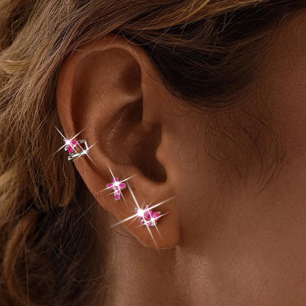 3 Pairs 925 Sterling Cross Earrings Set for Women, Flower Studs and Ear Cuffs Jewelry Set for Her