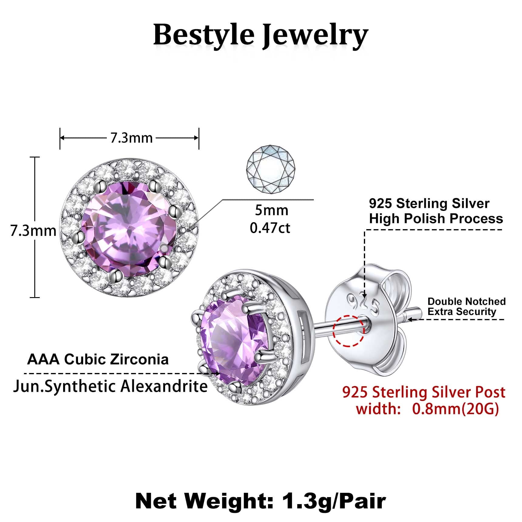 S925 Sterling Earrings Created Pink Tourmaline Stud Earrings October Round Jewelry Gifts for Valentines Day