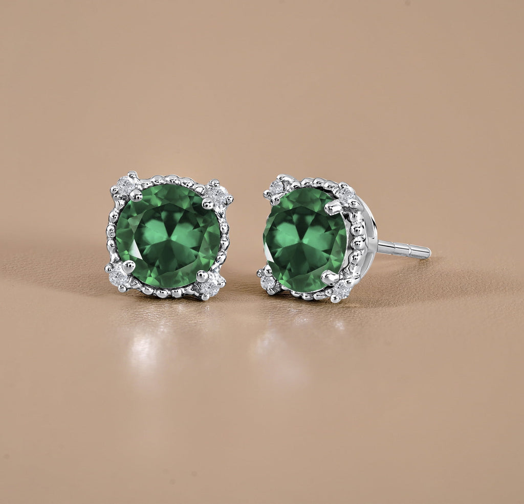 3.5 Round Cut April Stud Earrings - Halo Milgrain Earrings in 18K White Plating for Women