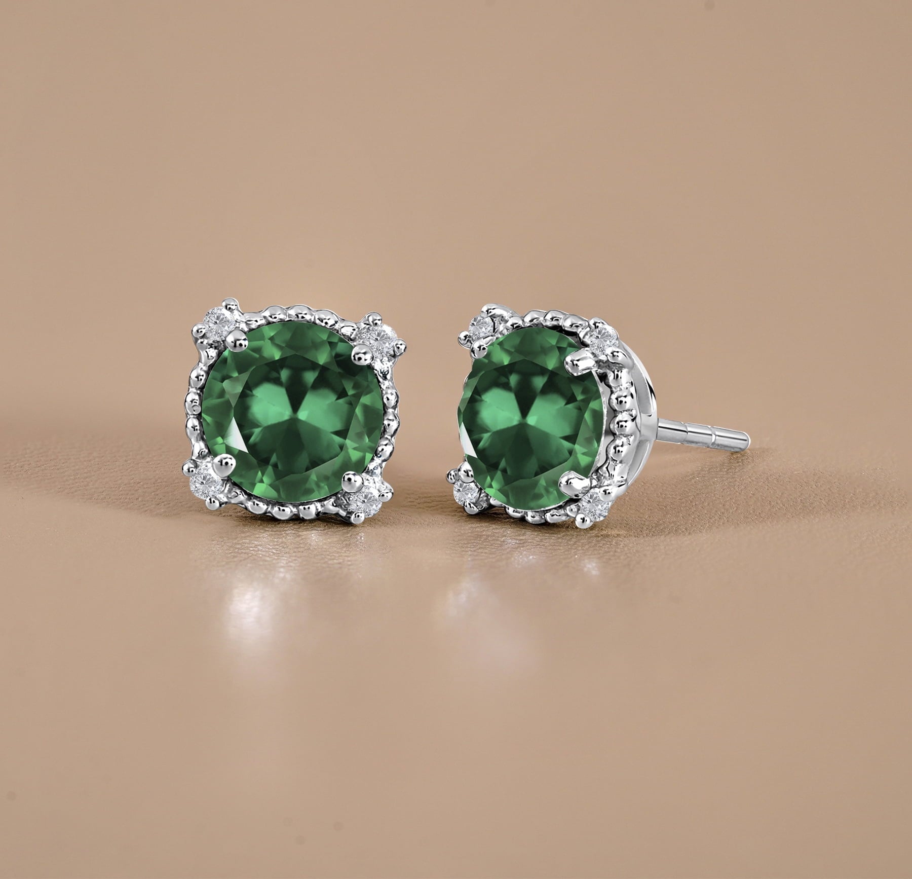 3.5 Round Cut April Stud Earrings - Halo Milgrain Earrings in 18K White Plating for Women