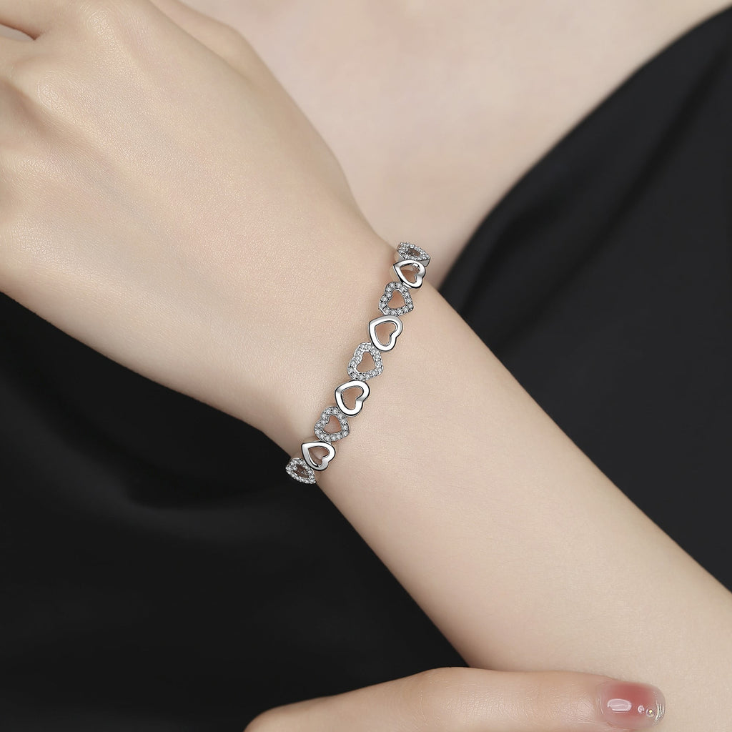 14K White Hearts Bangle Adjustable Bracelet with crystals from in 14K White Plated