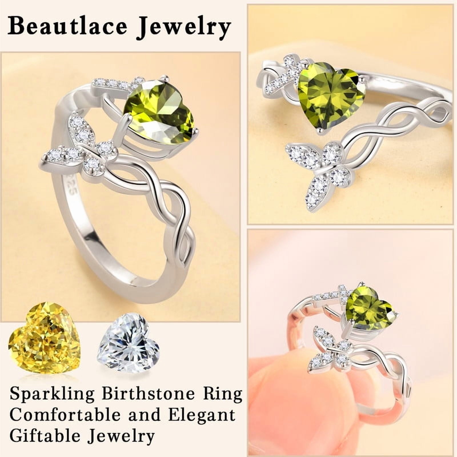 Heart Halo Ring,Butterfly 925 Sterling Adjustable Open Band Rings Valentines Jewelry Gifts for Women Mom-March