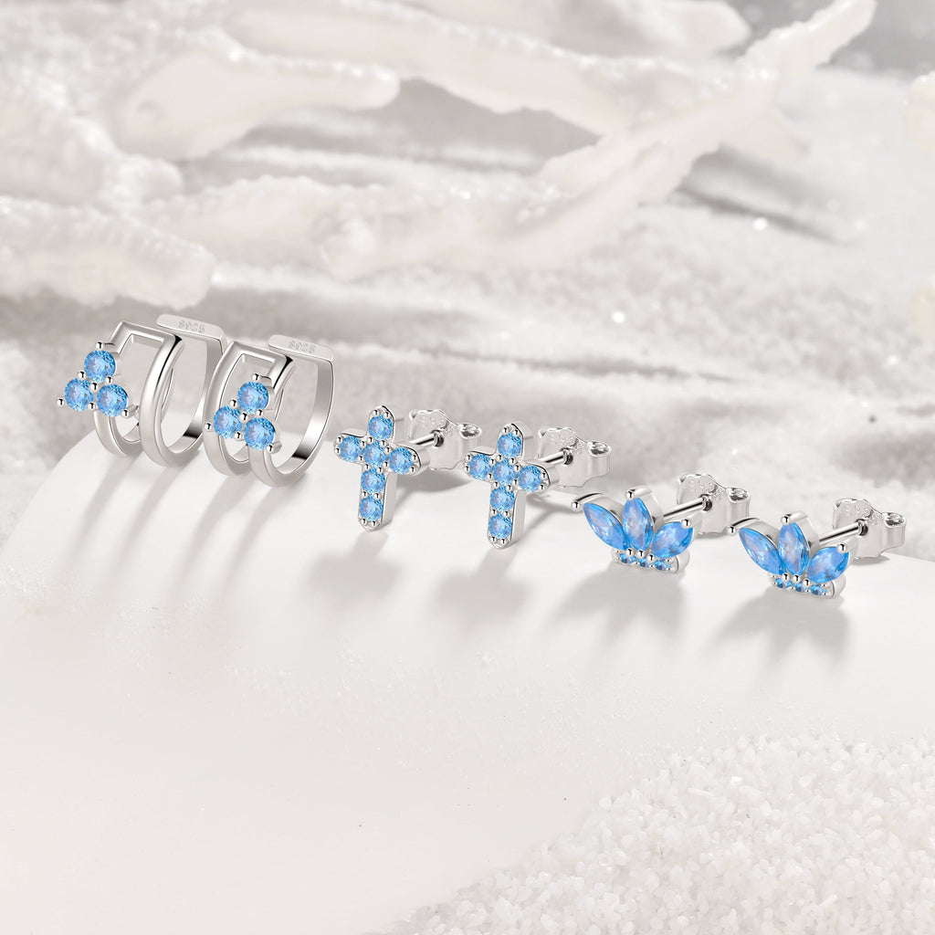3 Pairs 925 Sterling Cross Earrings Set for Women, Flower Studs and Ear Cuffs Jewelry Set for Her