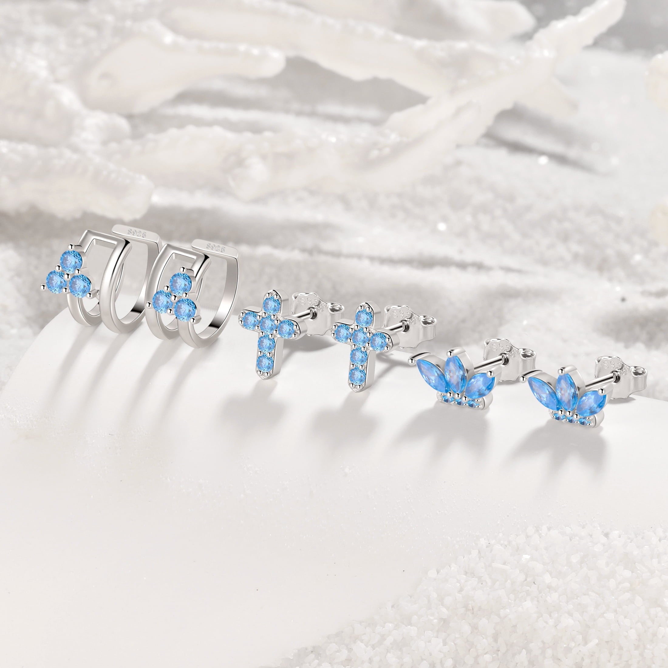 3 Pairs 925 Sterling Cross Earrings Set for Women, Flower Studs and Ear Cuffs Jewelry Set for Her