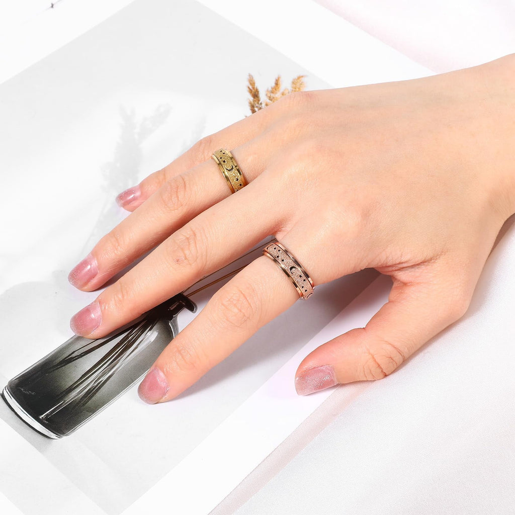 Anxiety Ring for Women Men, Anxiety Fidget Relief Spinner Rings Stainless Steel Worry Stress Relieve Ring Band Set for Anxiety Women Men，Anxiety Ring-Moon Star, Sandblasted Finished,Rainbow-Size6