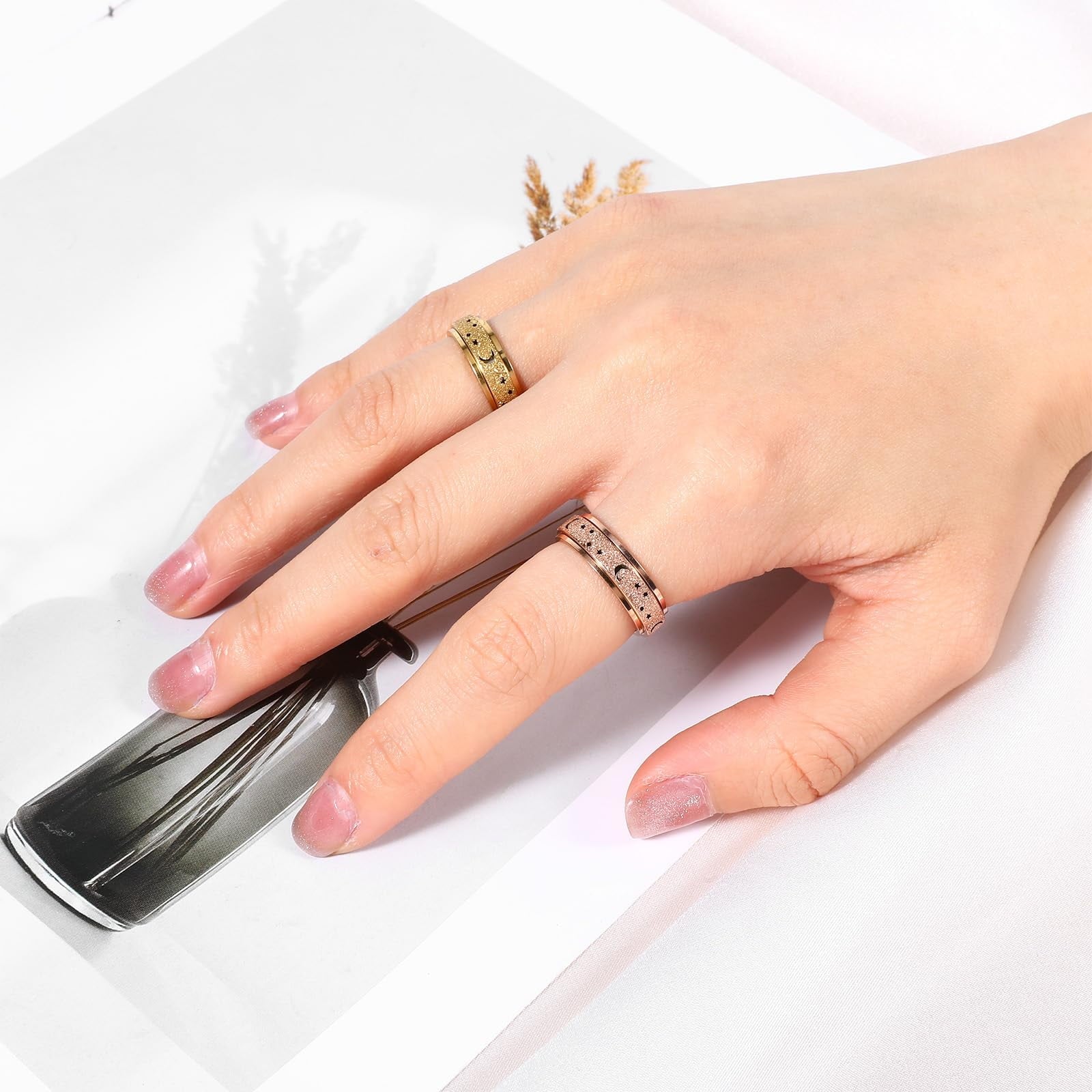 Anxiety Ring for Women Men, Anxiety Fidget Relief Spinner Rings Stainless Steel Worry Stress Relieve Ring Band Set for Anxiety Women Men，Anxiety Ring-Moon Star, Sandblasted Finished,Rainbow-Size6