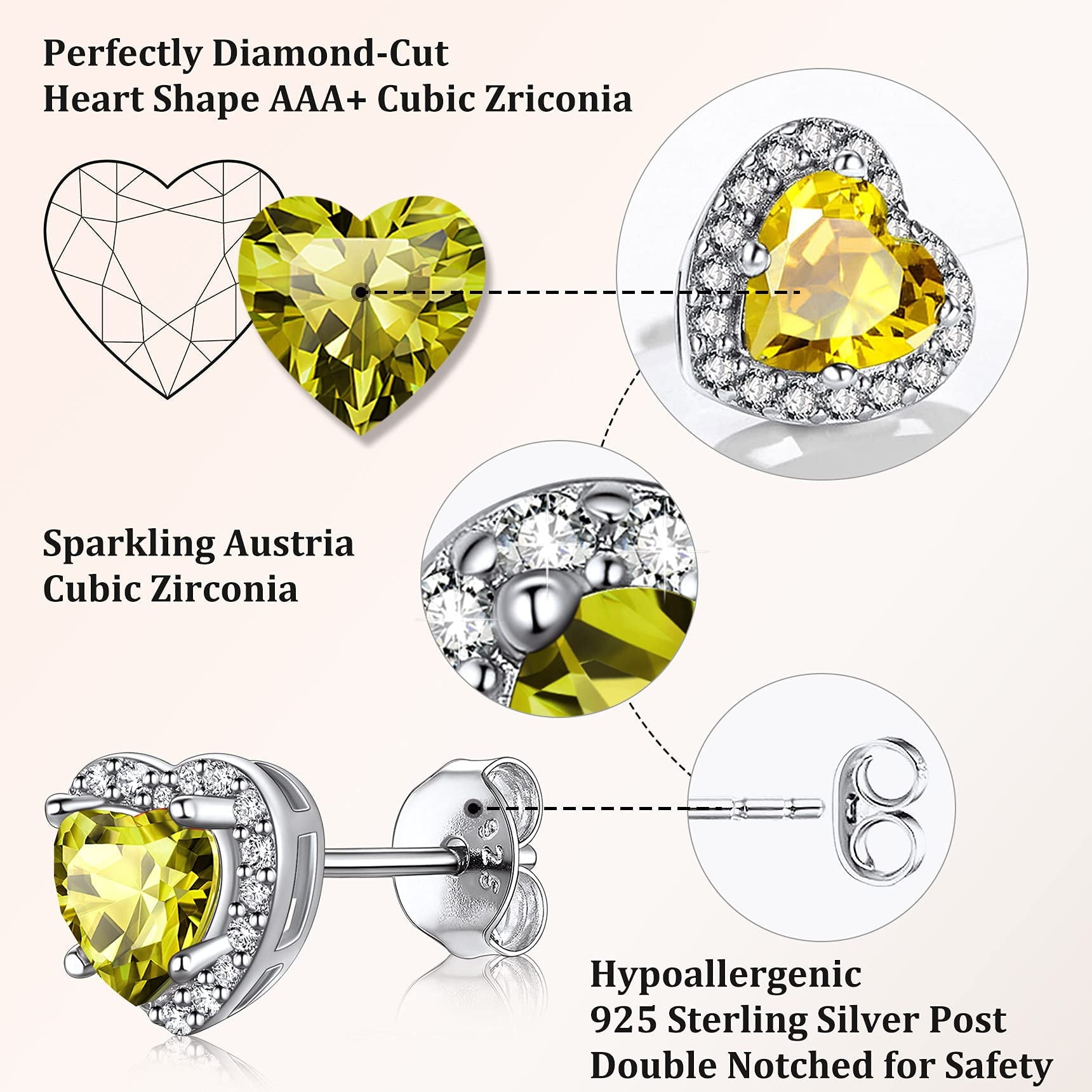 Stud Earrings for Women, 925 Sterling Heart Created Diamond Studs Earrings / Gifts - September