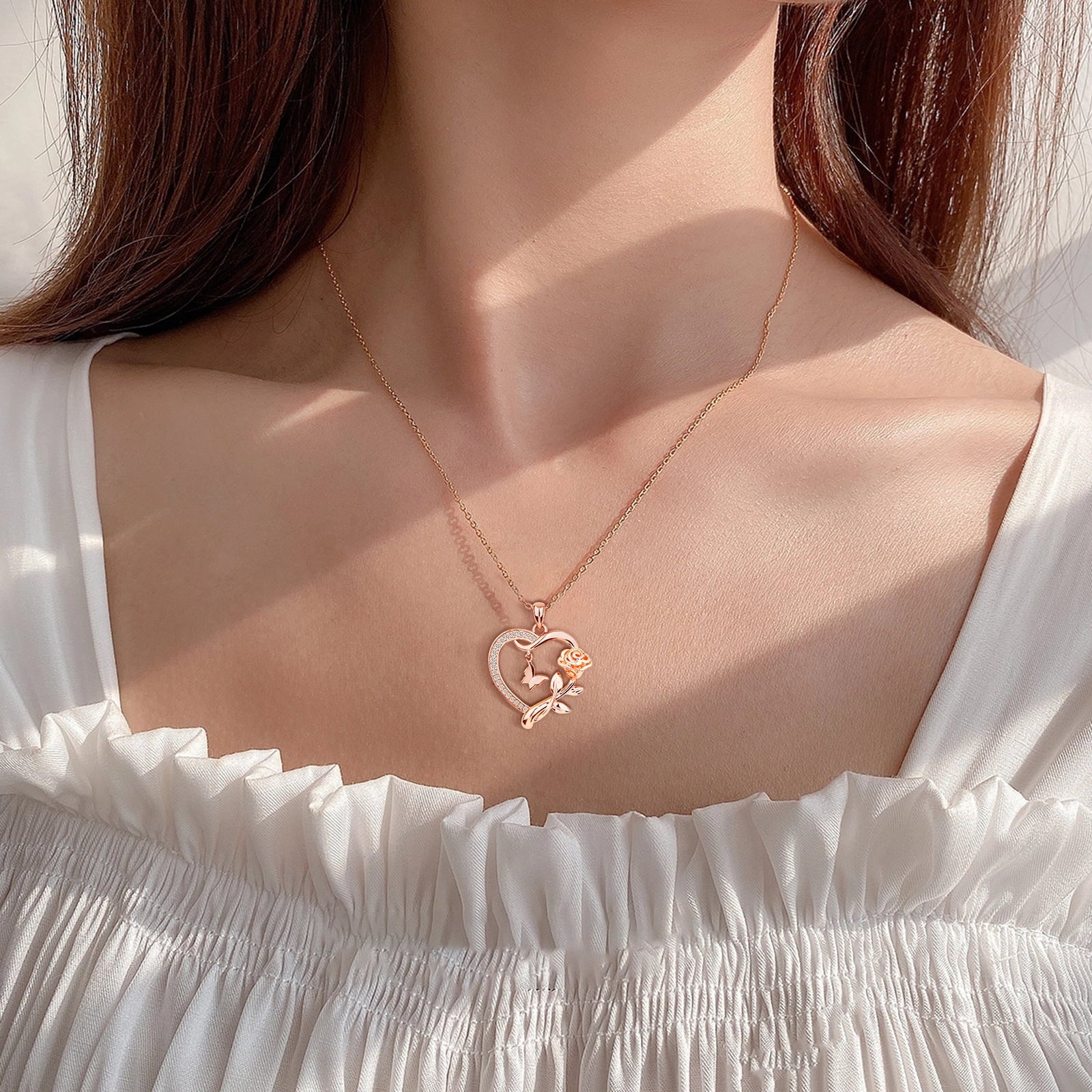 Heart Necklace for Women 14k Plated CZ Rose and Butterfly Jewelry for Women 's Day