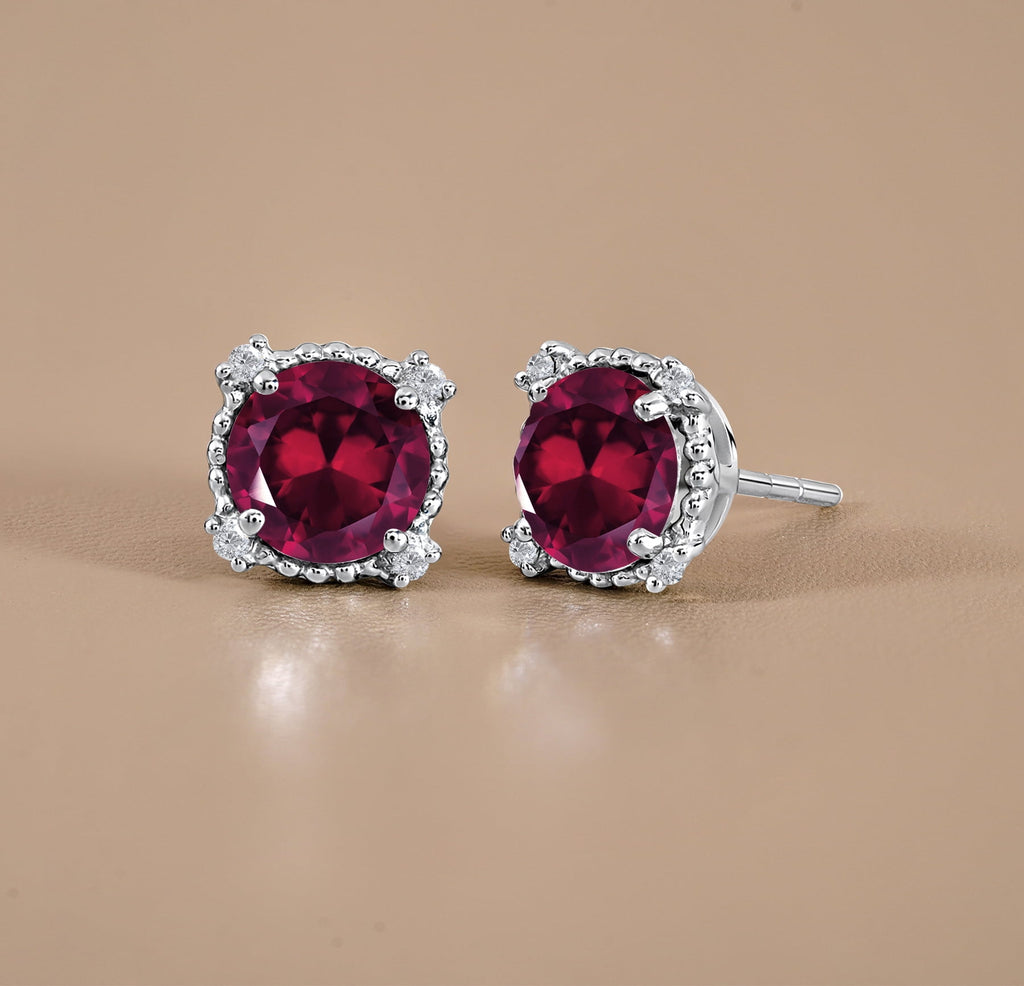 3.5 Round Cut April Stud Earrings - Halo Milgrain Earrings in 18K White Plating for Women