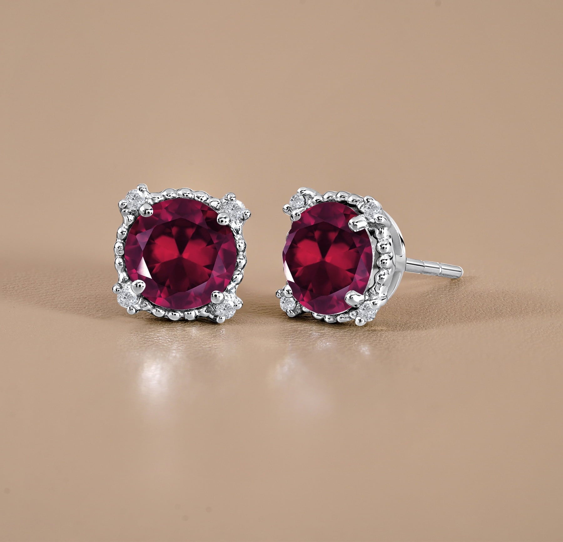 3.5 Round Cut April Stud Earrings - Halo Milgrain Earrings in 18K White Plating for Women