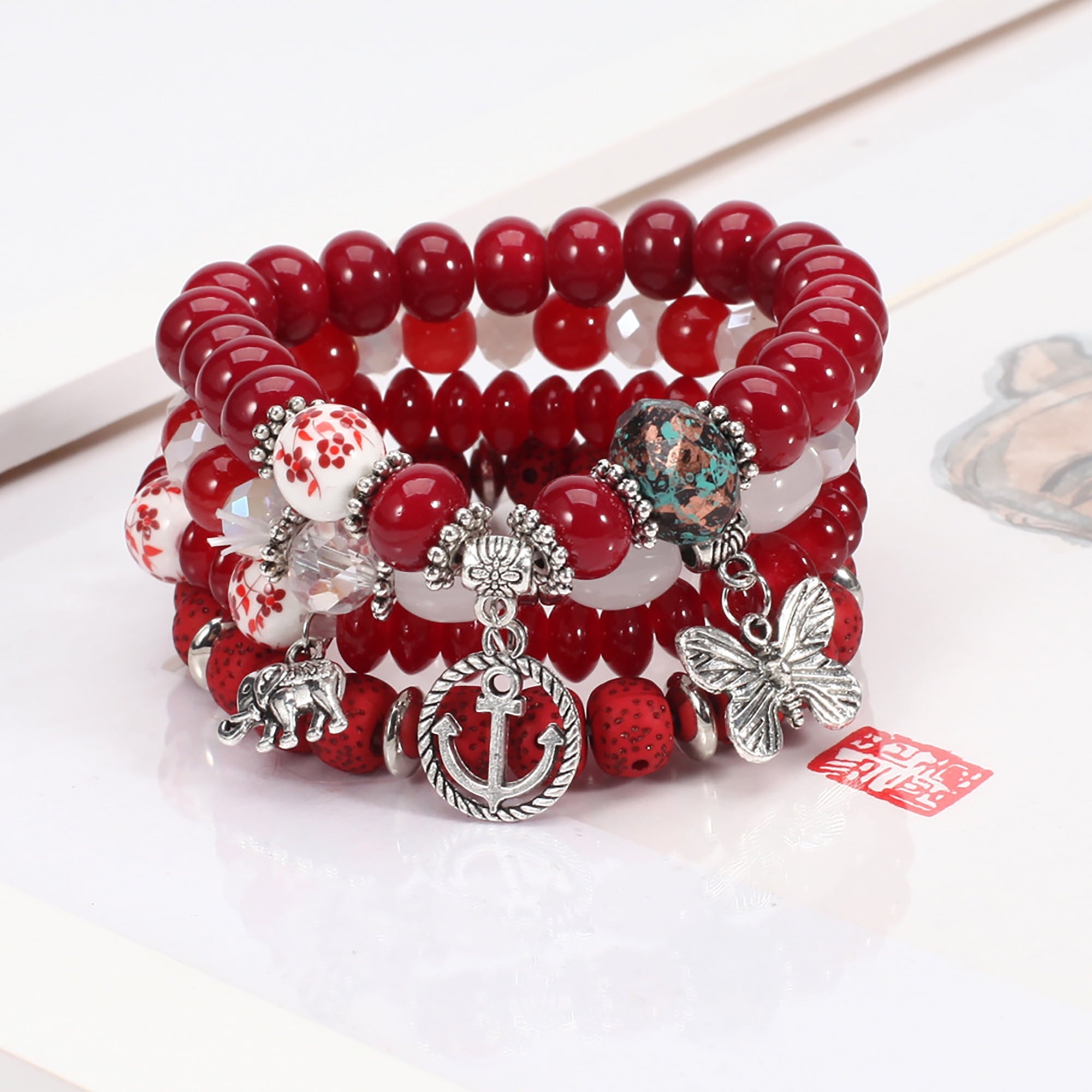 4 PCS Bohemian Stretch Anchor Bracelets Elephant Butterfly Retro Bracelets Suitable for Girls Women Gifts