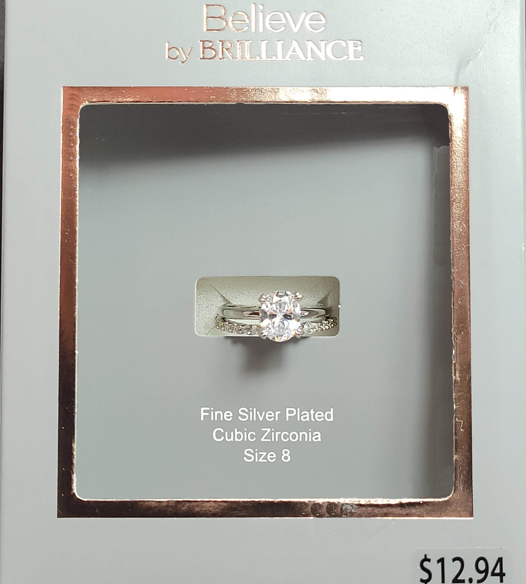 Believe in Women's size 8 Fine Plate Oval Bridal Ring Set with CZ Stones