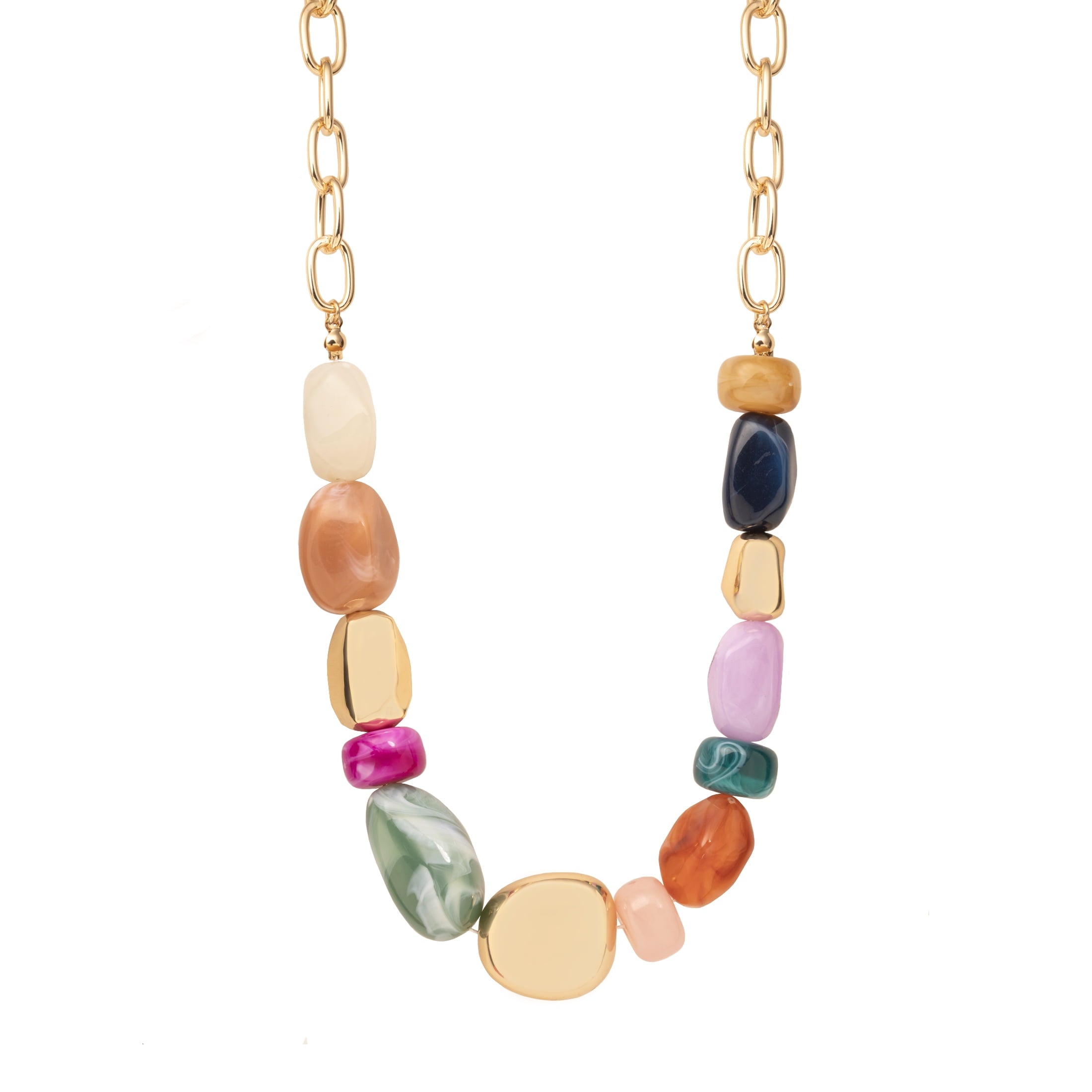 Women's Tone Statement Necklace with Colorful Beads and Chain Detail