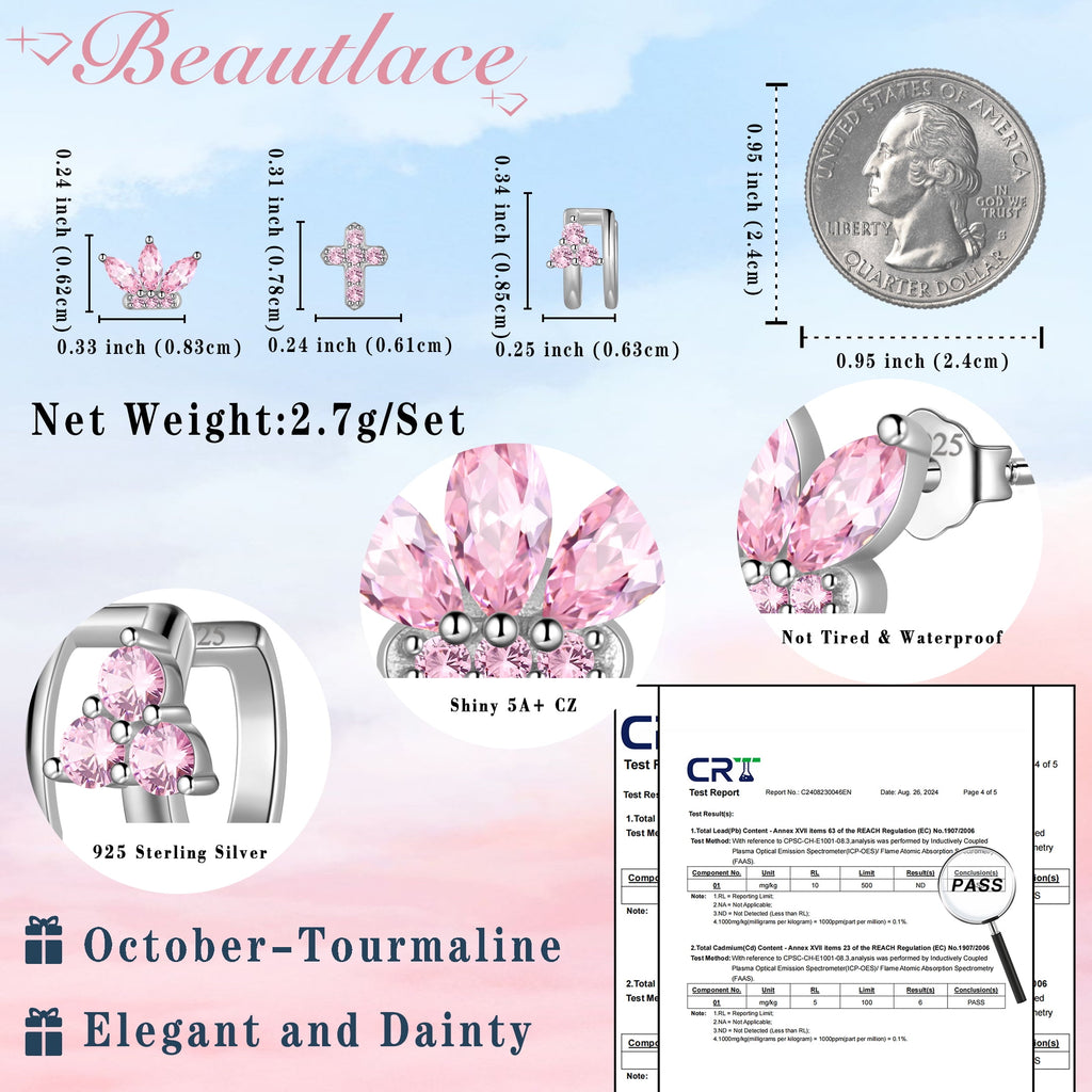 3 Pairs 925 Sterling Cross Earrings Set for Women, Flower Studs and Ear Cuffs Jewelry Set for Her