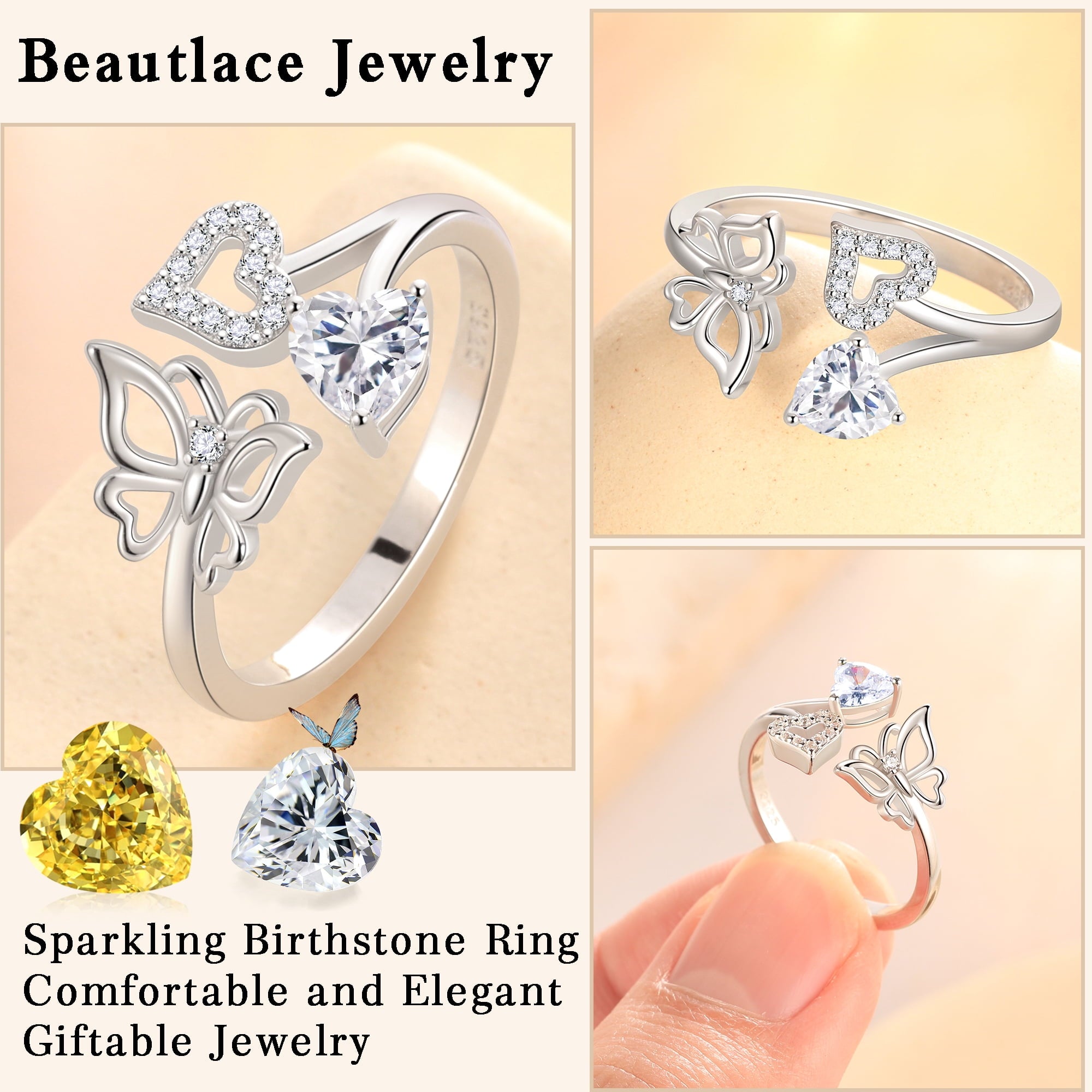 Rose Heart Ring,925 Sterling Adjustable Open Heart Rings Jewelry Gifts for Women Mom -December